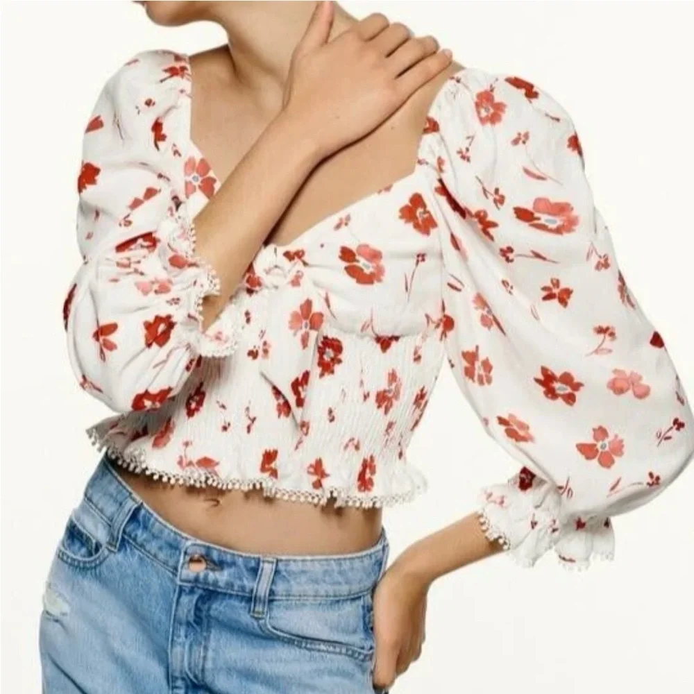 Floral Puff Sleeve Blouse Top Smocked Waist Front Tie Large Boho peasant